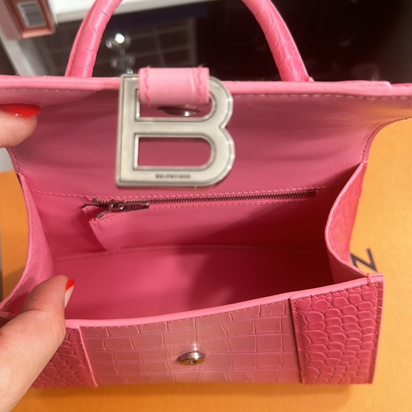 BALENCIAGA HOURGLASS CROCODILE EMBOSSED PINK HANDBAG - Picture 6 of 9